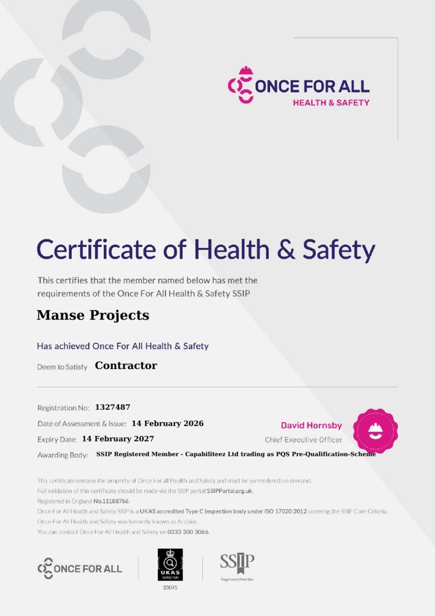 Once For All Health and Safety certificate