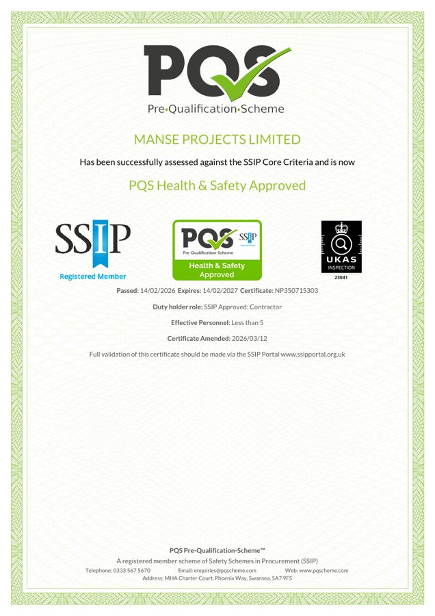 PQS Health and Safety Approved certificate
